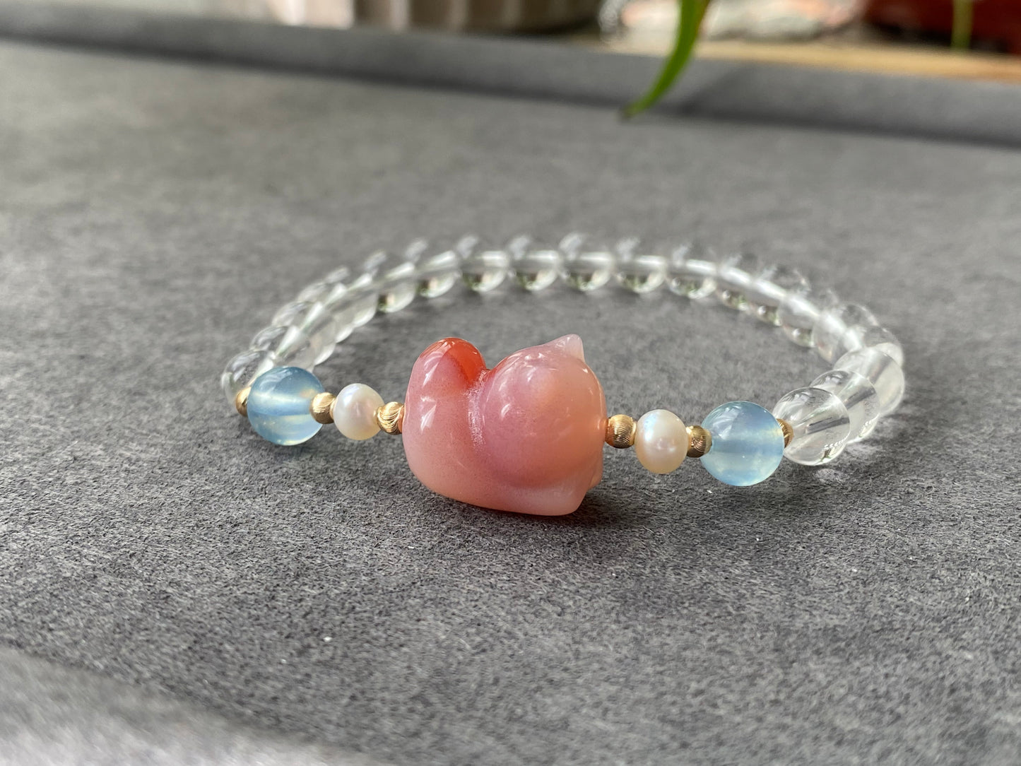 Natural Yanyuan Agate Cute Cat,white Crystal,Aquamarine,fresh Water Pearl Bracelet, gift for her, Valentine's Day Gift