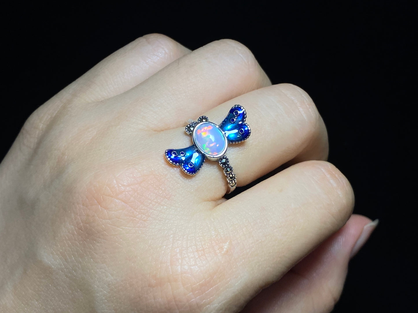 Natural Opal blue green red fire Sterling silver ring bow,feather, dragonfly，Gift for her