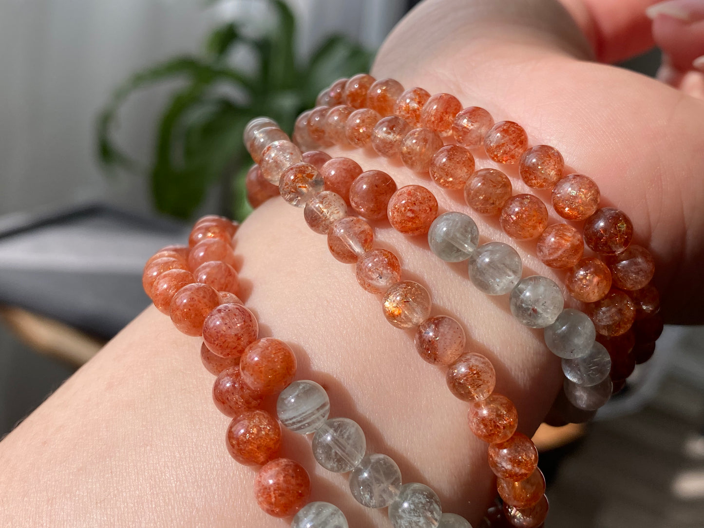 AAAAA Grade Natural Sunstone Gradual change Color super shinning illuminate Fire three layer Bead Bracelet Necklace 5mm,6mm