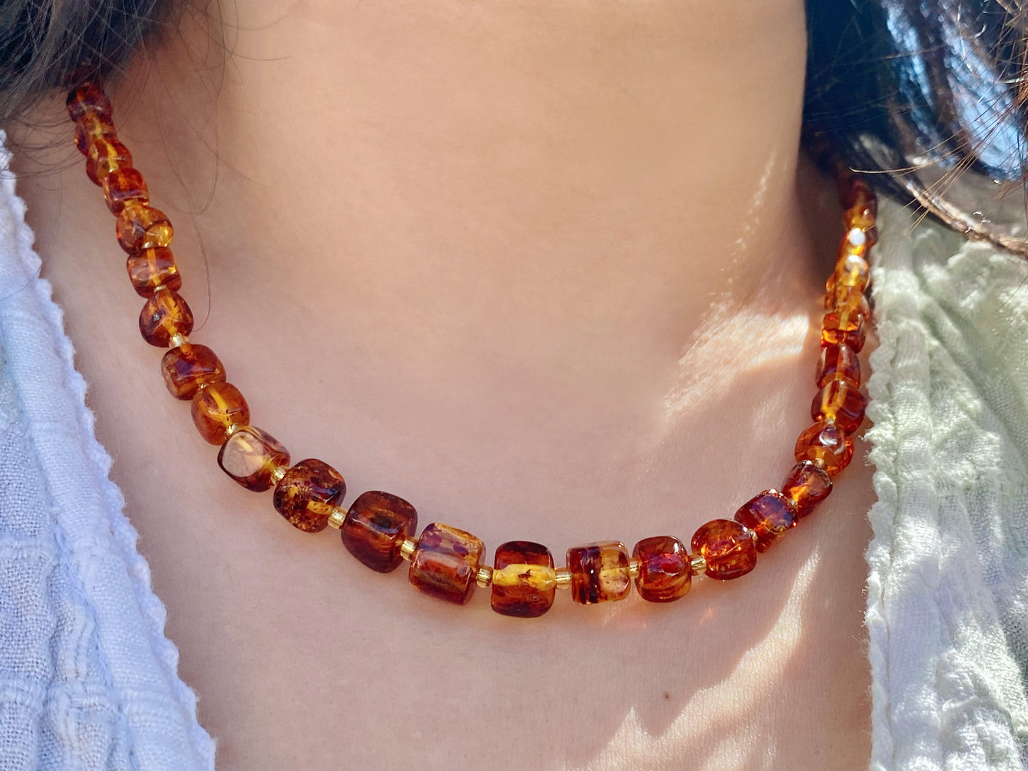 Natural Genuine Baltic Amber square  Bead Necklace mixed size,gift for her ,gift for mother