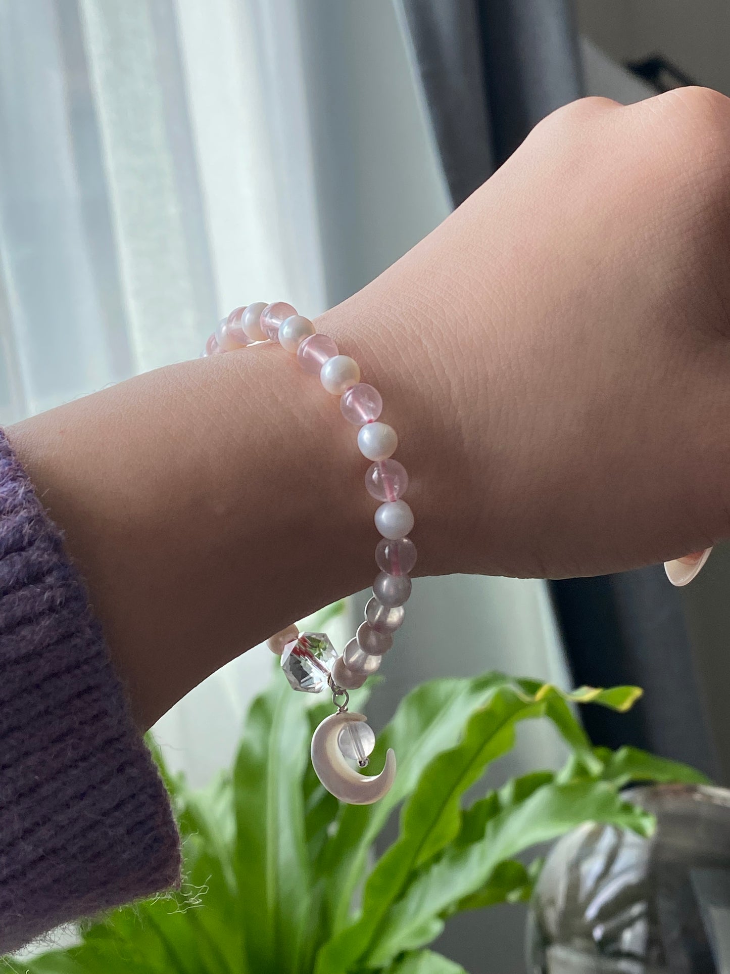 Love with Crescent Moon Rose Quartz freshwater pearls faceted clear quartz handmade bracelet, gift for her,Valentine gift