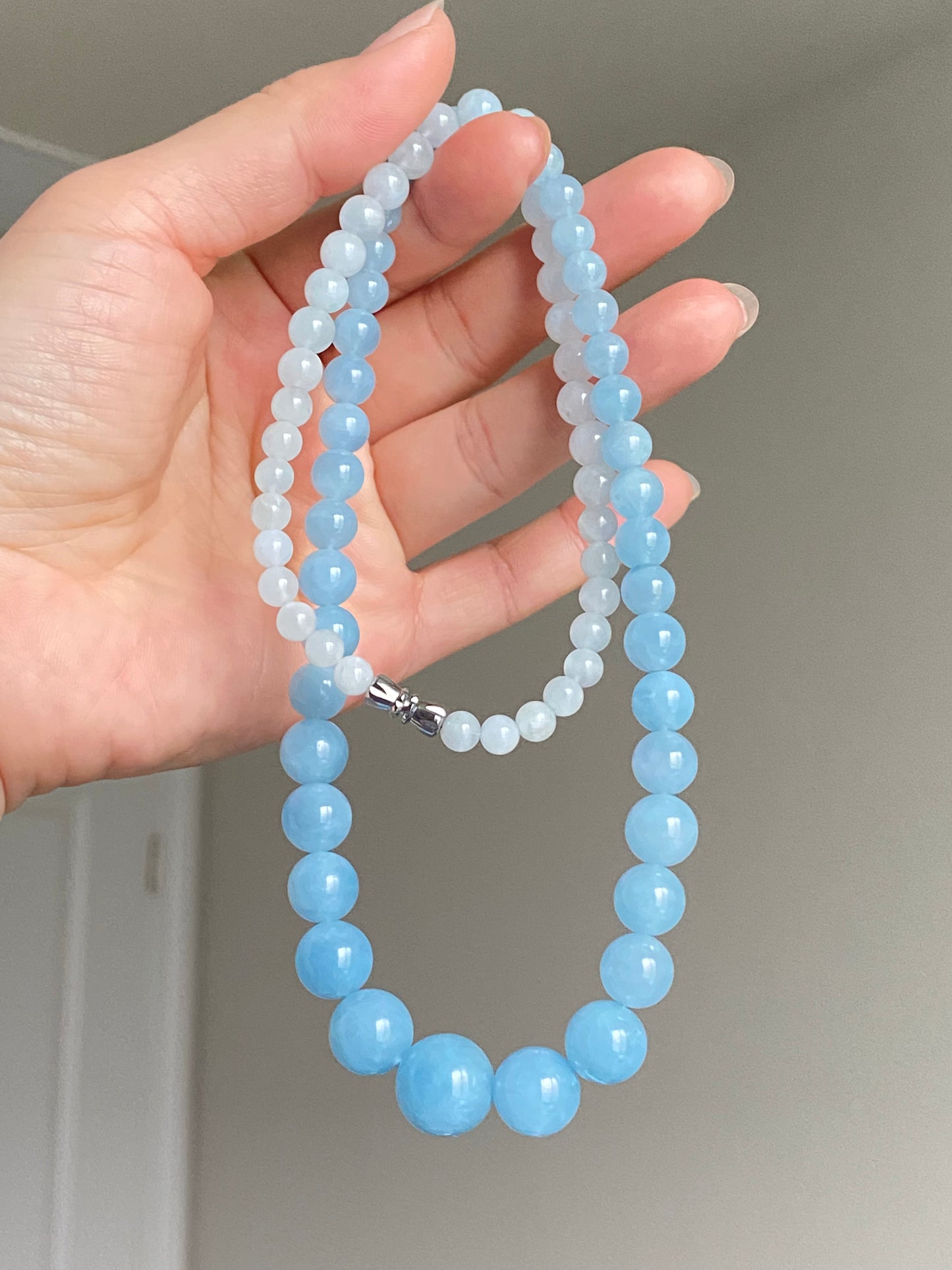 Natural Aquamarine Ocean Blue sky blue gradient Mixed size Bead Healing Crystal Necklace 5-13MM,gift for her