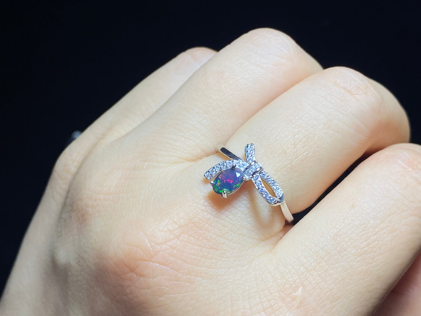 Natural Opal blue green red fire Sterling silver ring bow,feather, dragonfly，Gift for her