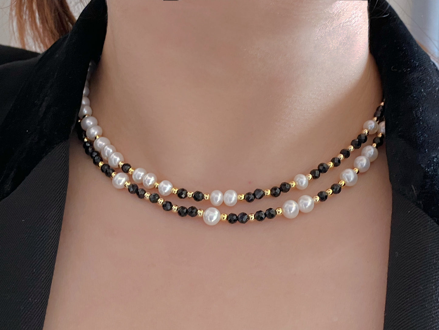 Natural Freshwater pearls with faceted Black Spinel 14K gold filled Handmade Necklace,gift for her, gift for him