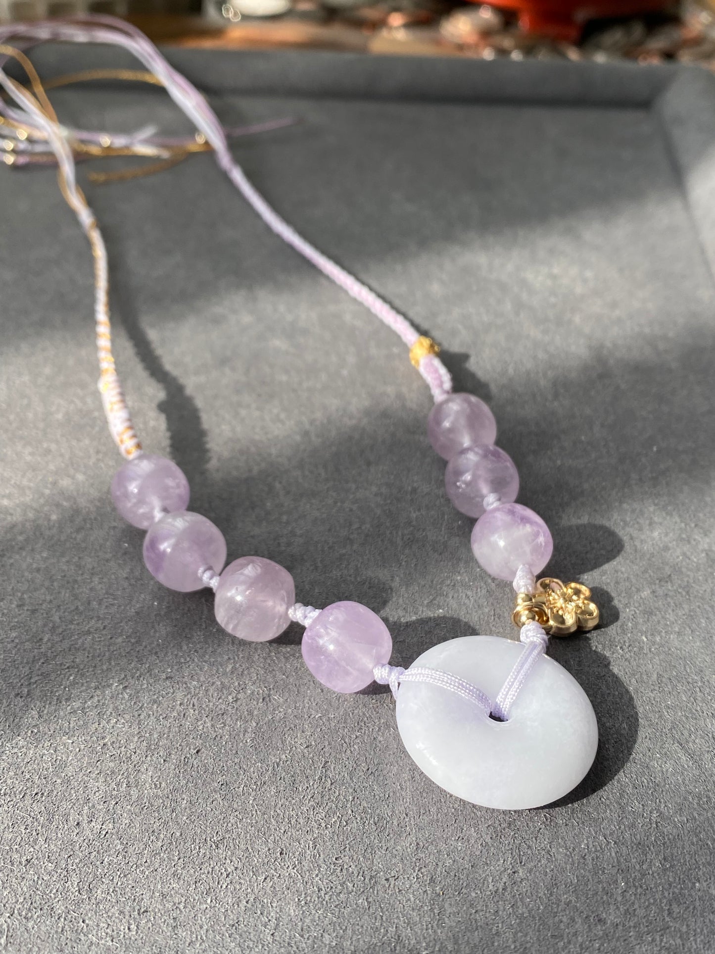 Natural Hetian Jade Donut Ring Shaple,Purple Tone with Purplevine Amethyst short barrel,Peach Flower Dangle Drop  Adjustable Necklace