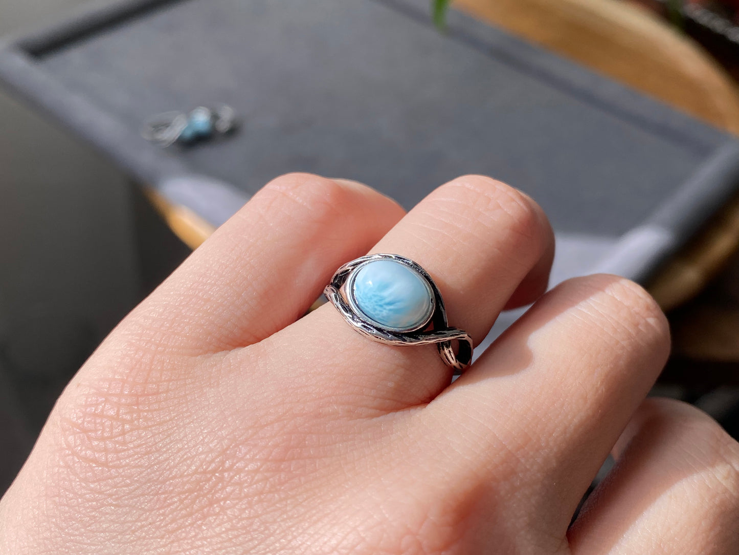 Genuine Natural Larimar Raw Larimar statement gemstone oval shape women men ring