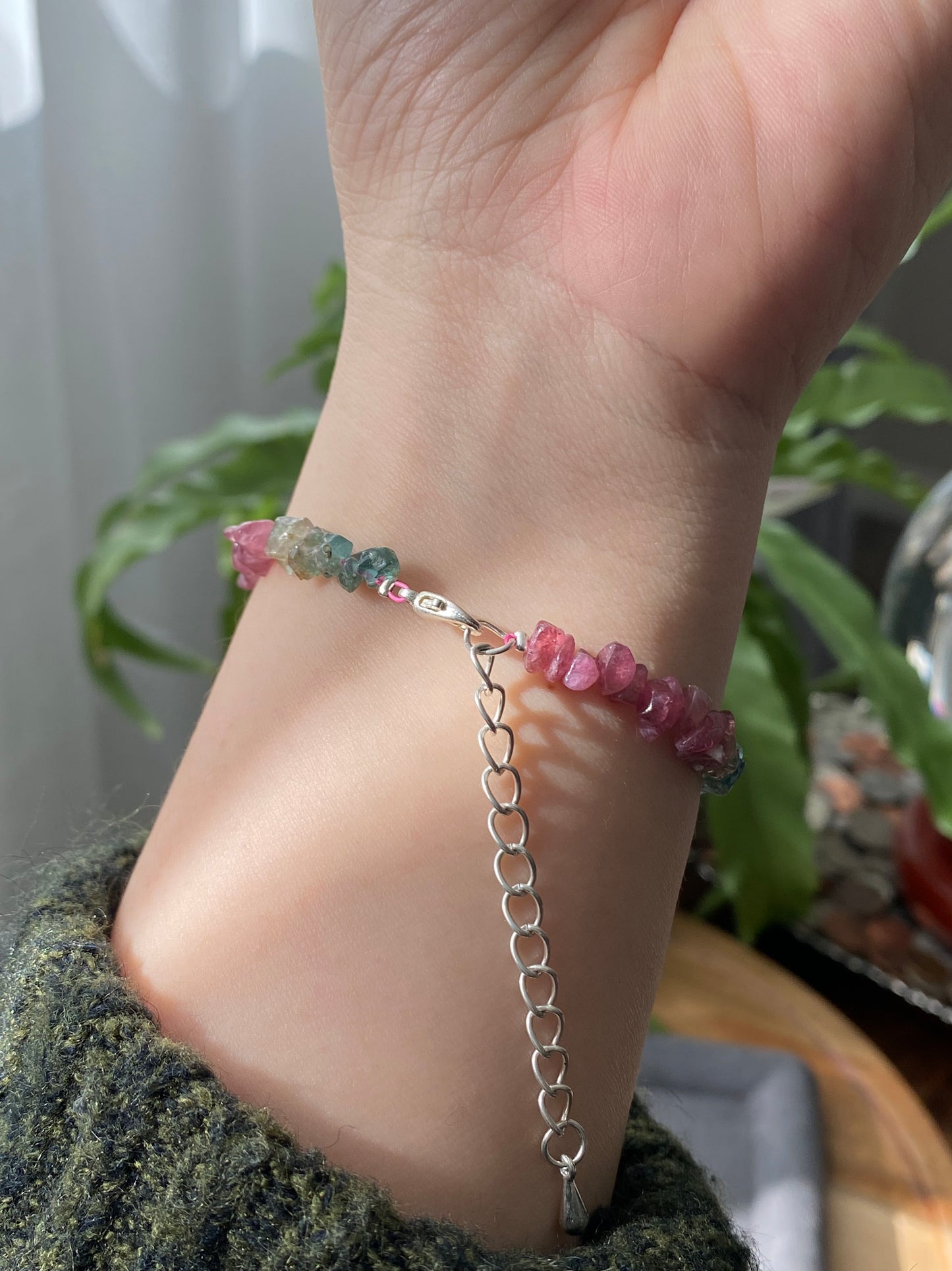 Natural watermelon Multi-color Raw Tourmaline rock Gemstone Sterling silver Bead Bracelet ,gift for her