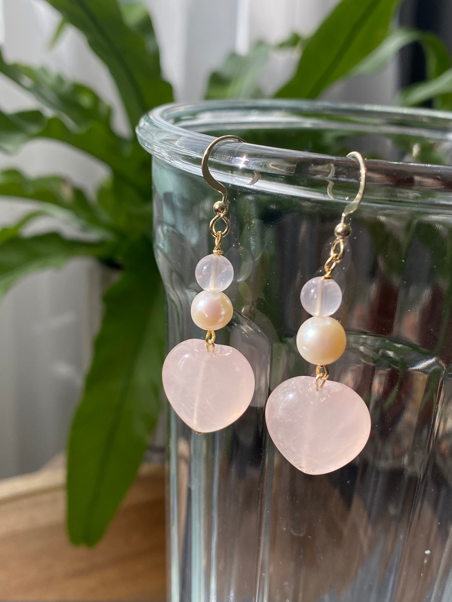 Natural AAA high quality Rose quartz cuty puffy heart shape drop dangle earring,Handmade Earring,Made in California