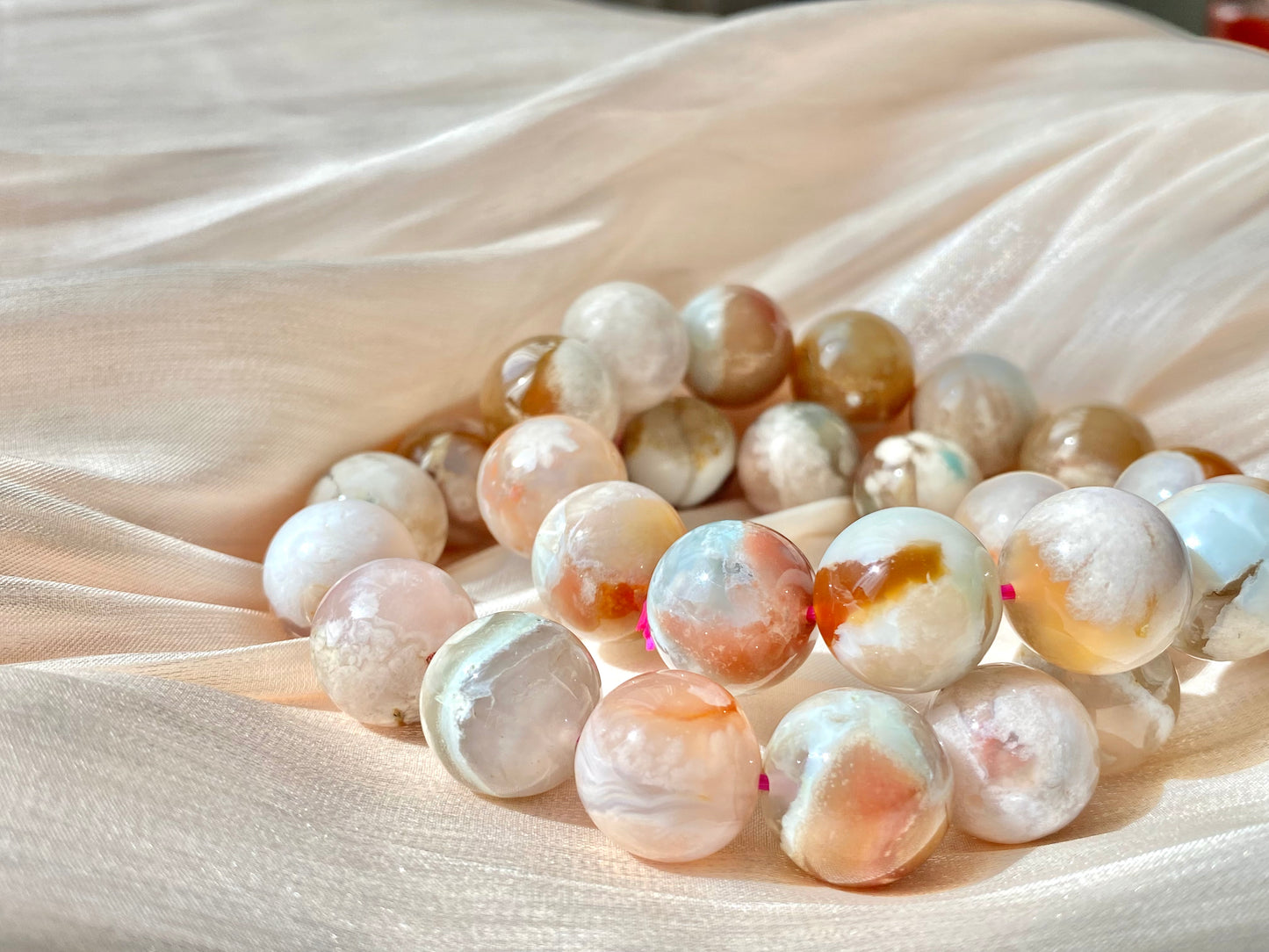 Natural cherry blossom Sakura agate smooth round flower agate grade AAA bead bracelet