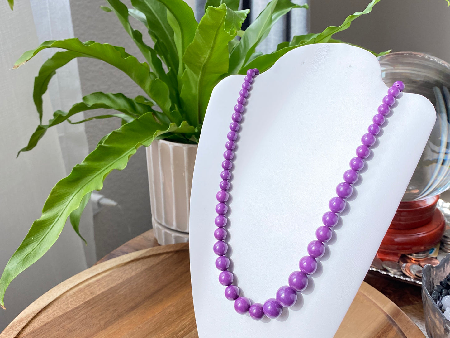 Rare High Grade Natural  Royal Purple Phosphosiderite Purple Mica Polished Smoothie Round Bead Necklace