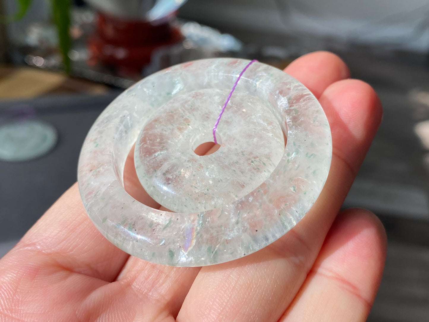 Natural Rare Green Mica Quartz Crystal Double Donut Circle Ring Pendant