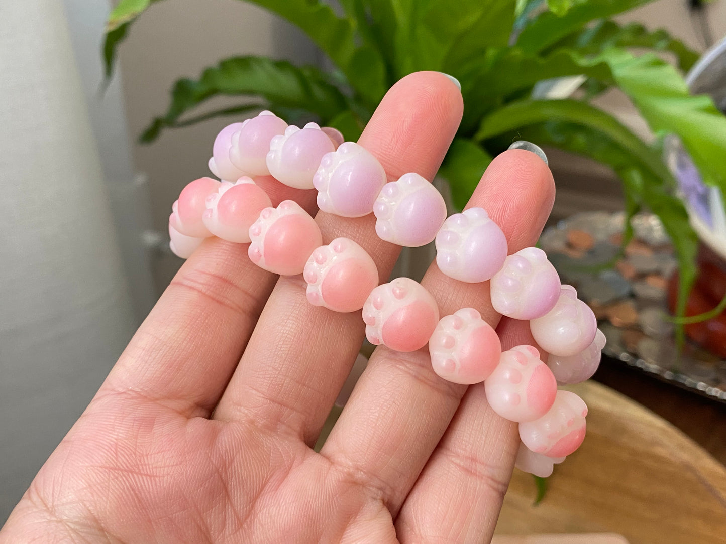 Hand Sculp Barbecue/BBQ  pink purple Cat Paw Natural white Bodhi root polished Bead Bracelet 12mm+