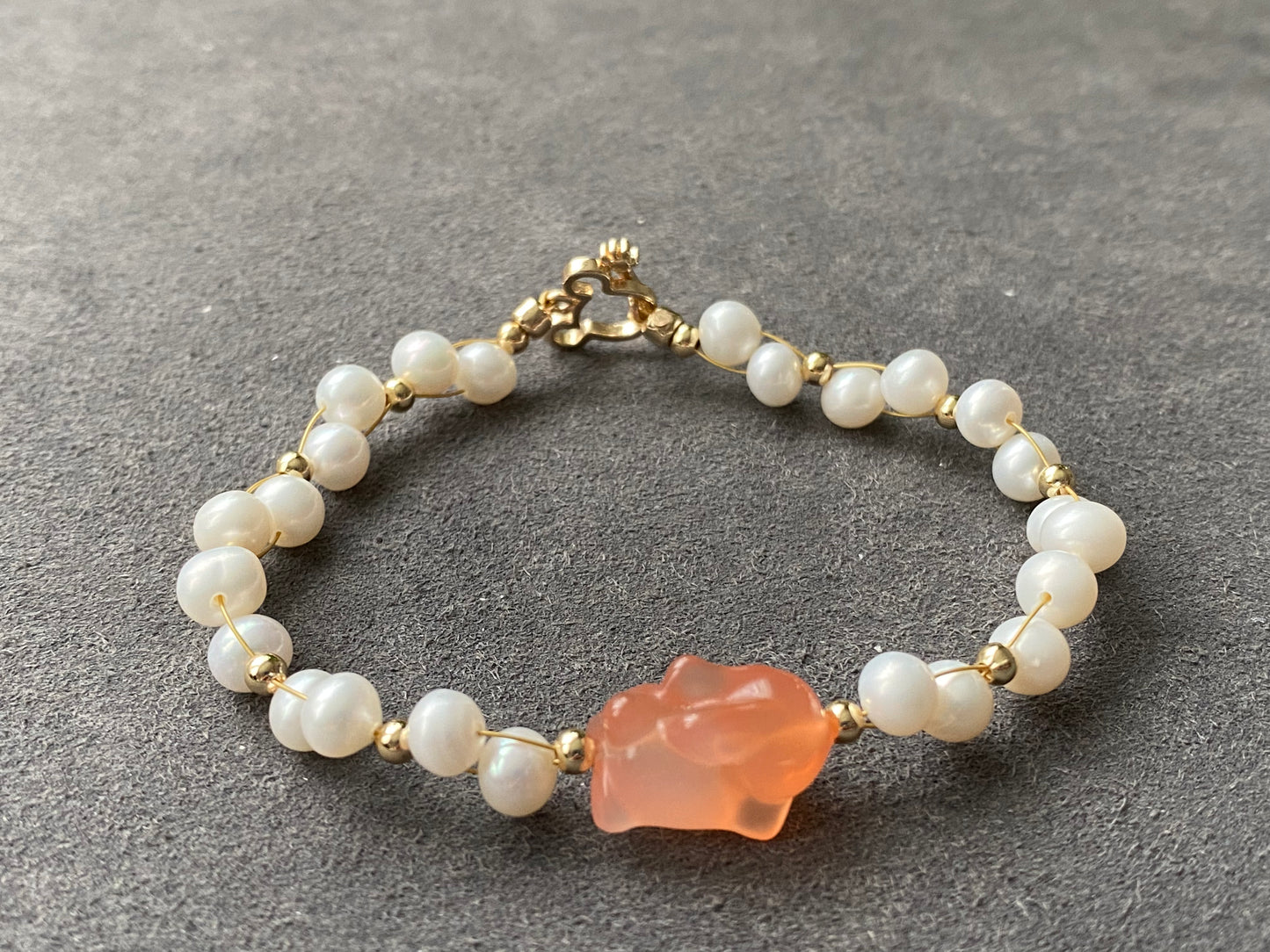 Natural Freshwater pearls with cuty bunny rabbit nanhong agate handmade Bracelet,gift for her