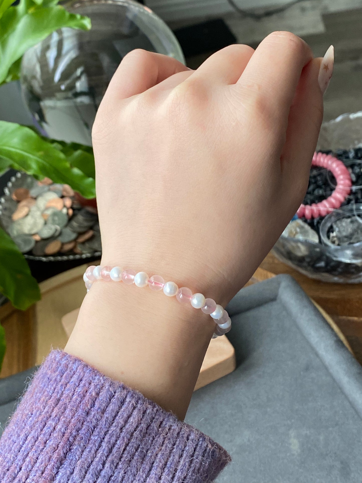 Love with Crescent Moon Rose Quartz freshwater pearls faceted clear quartz handmade bracelet, gift for her,Valentine gift