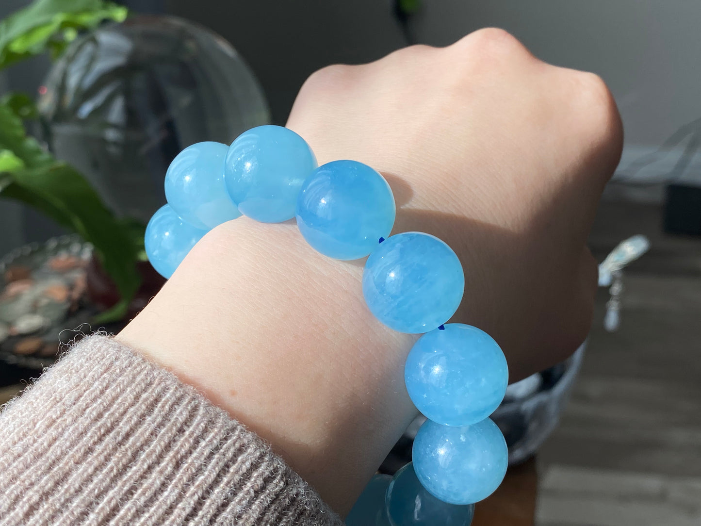 AAAA Natural Rare High Grade Aquamarine smoothie Round Gemstone Bead Bracelet,lovely Blue,handmade Bracelet