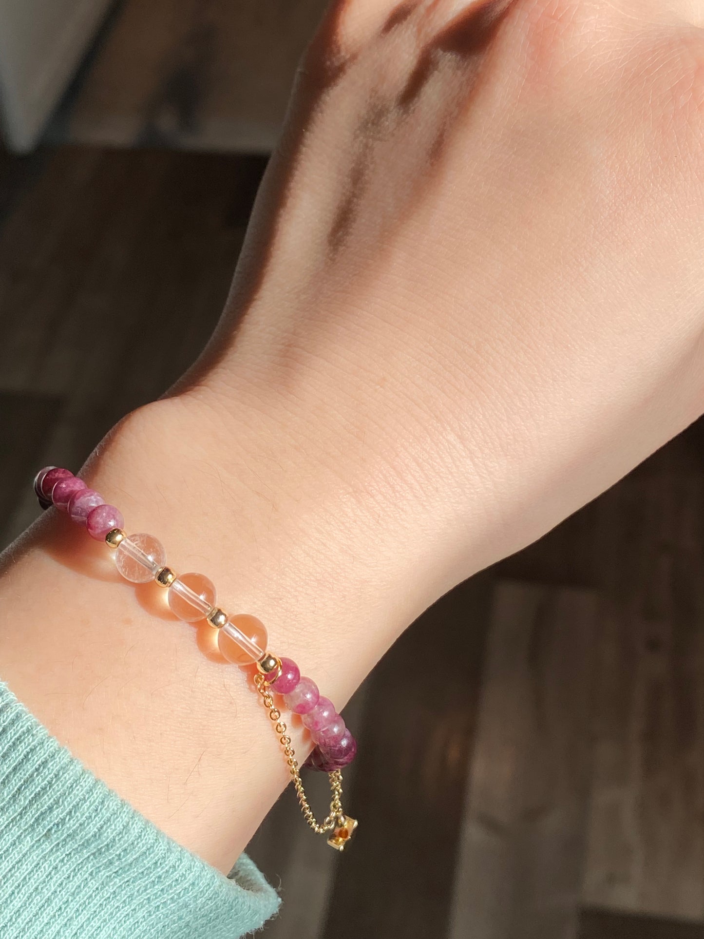 Natural Ruby Red Tourmaline Pink Tourmaline 5mm with white crystal Beaded Bracelet