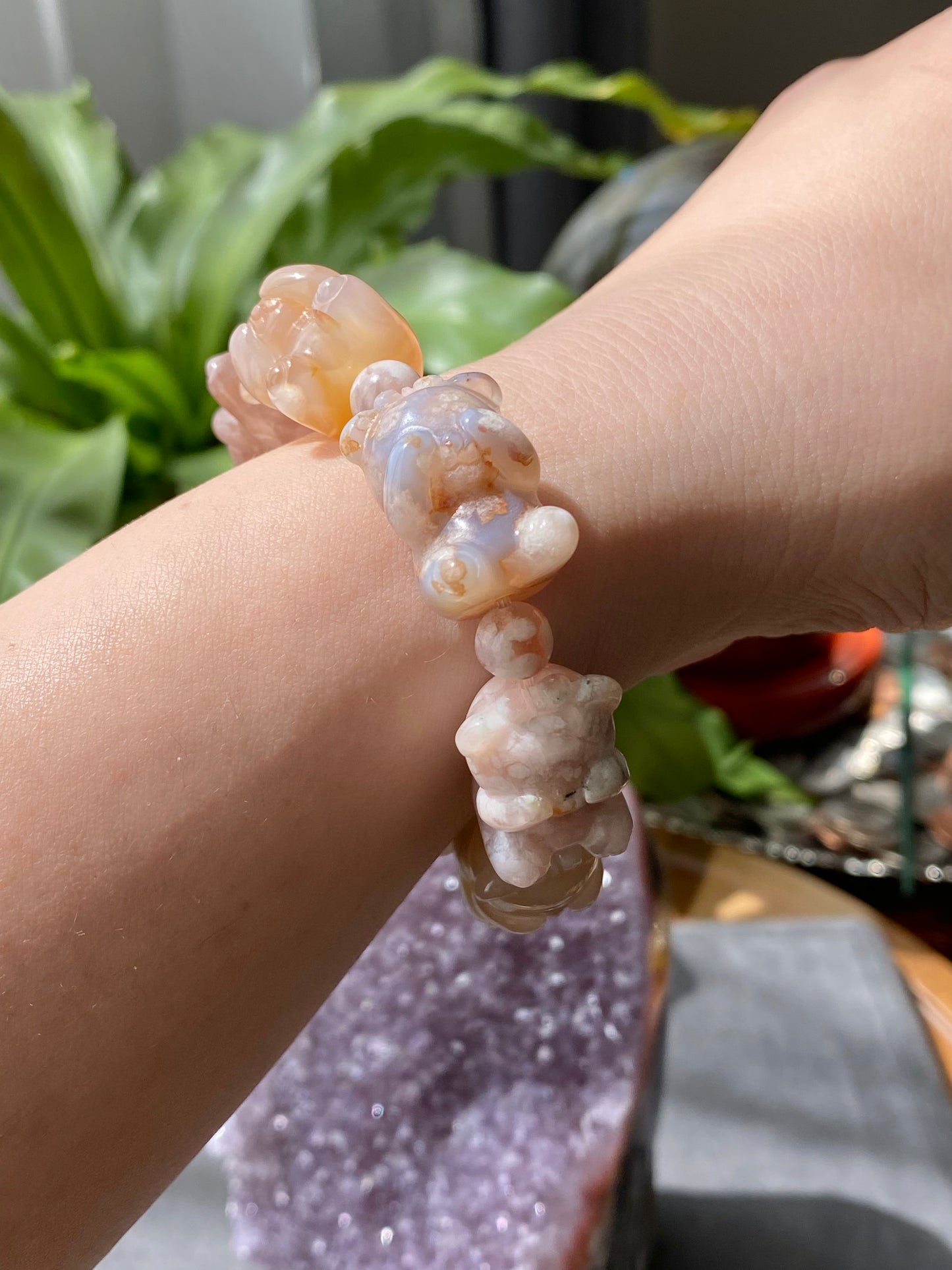 Natural Sakura Agate,flower agate hand carved couple shy bear beads bracelet,gift for her