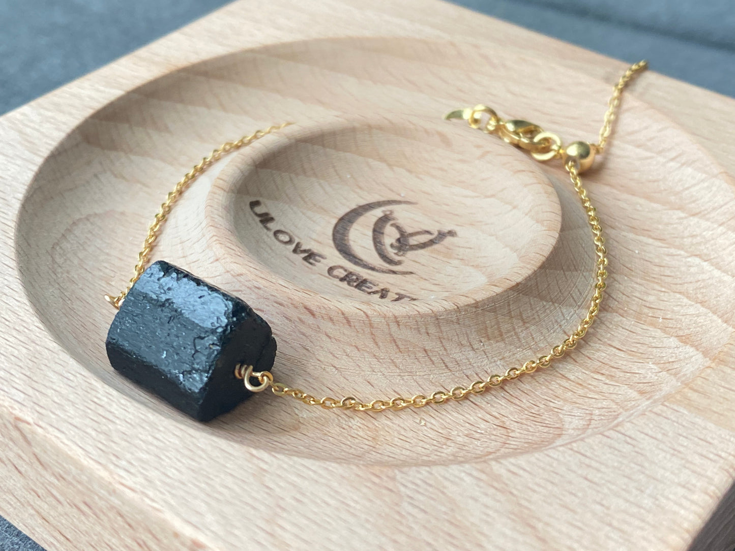 Natural Raw Protection Black Tourmaline Crystals,Meditation Stones 14K gold Adjustable slide closed Bracelet