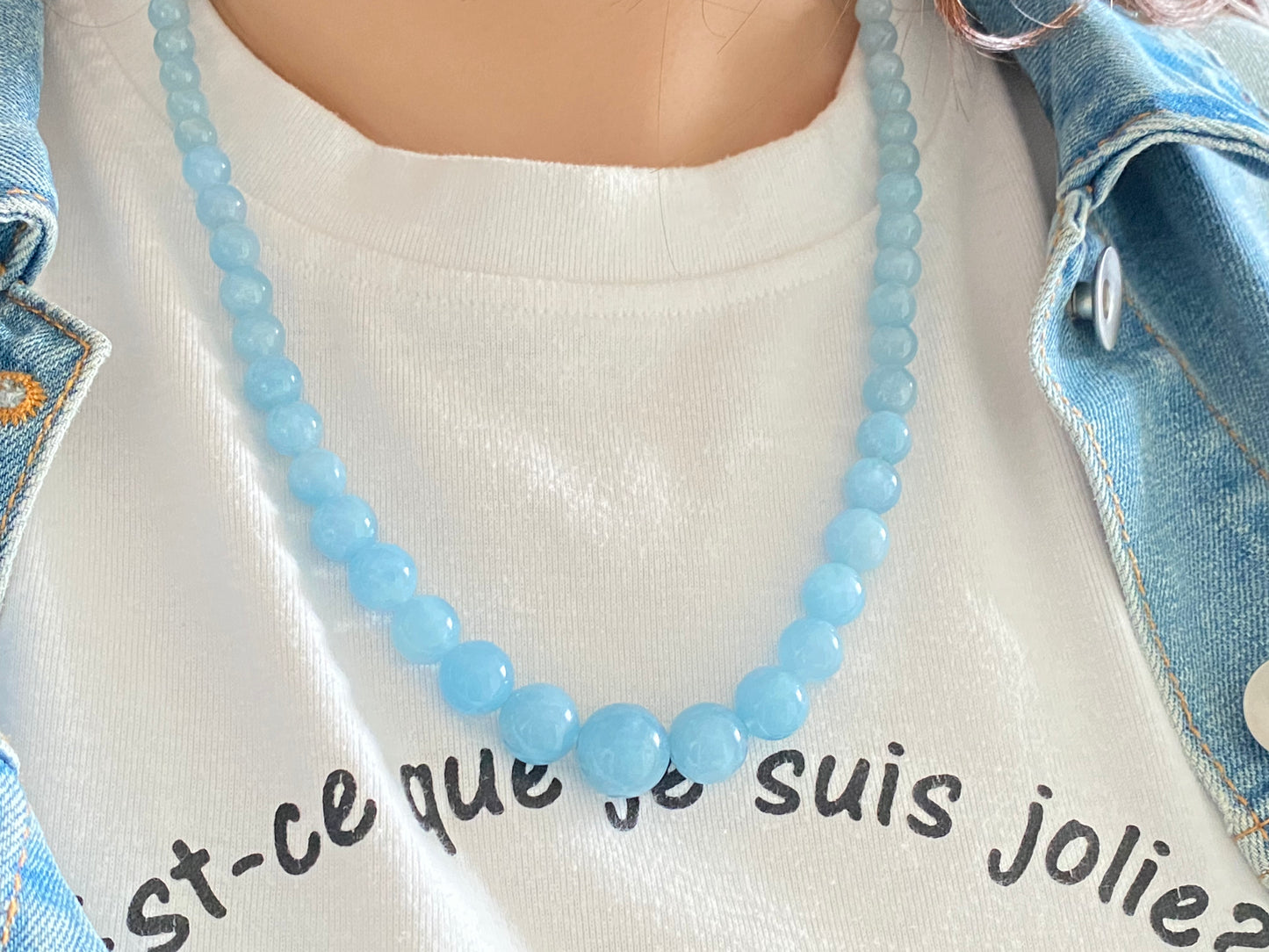 Natural Aquamarine Ocean Blue sky blue gradient Mixed size Bead Healing Crystal Necklace 5-13MM,gift for her