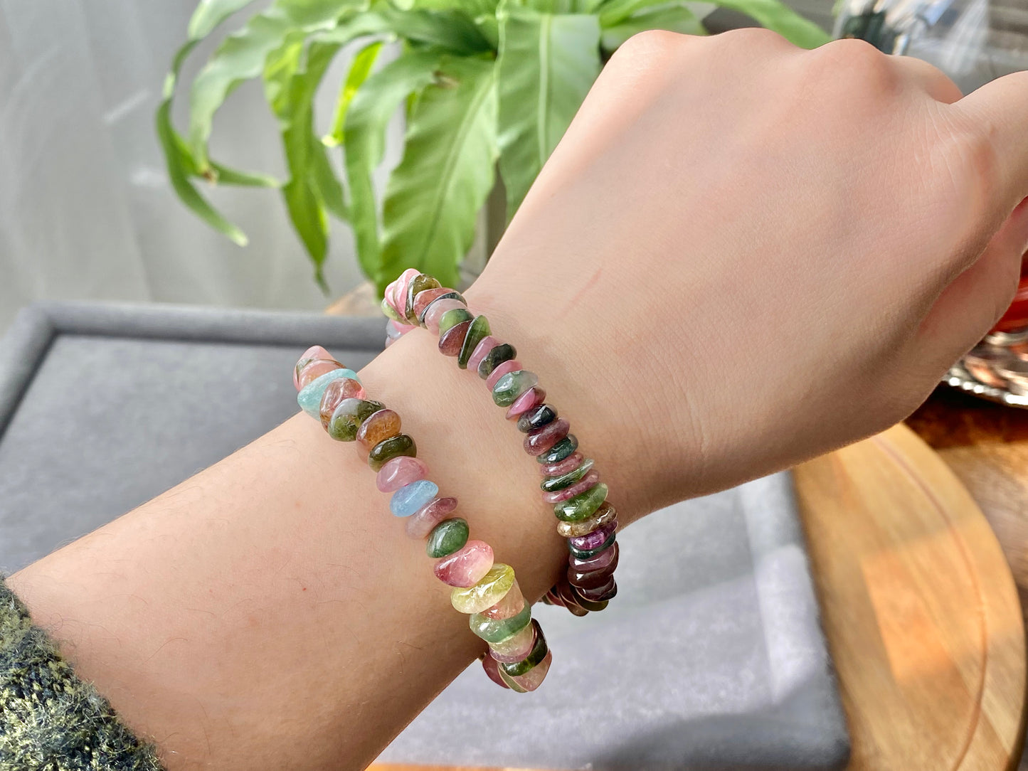 Natural watermelon Multi-color Raw puffy Tourmaline rock Gemstone  Bead Bracelet ,gift for her