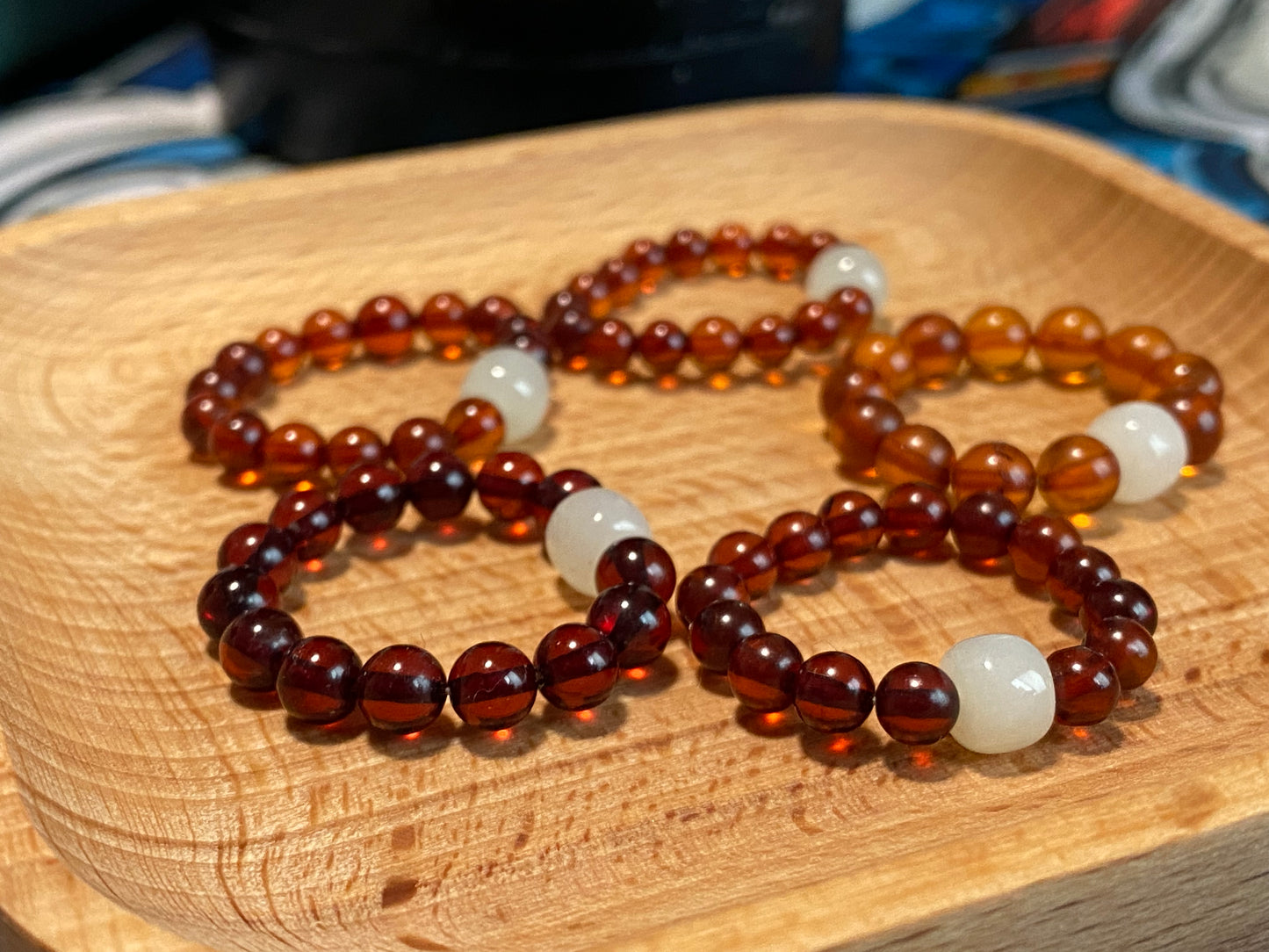 Natural Myanmar Blood amber with Hetian Jade bead elegant handmade ring,gift for her,gift for him