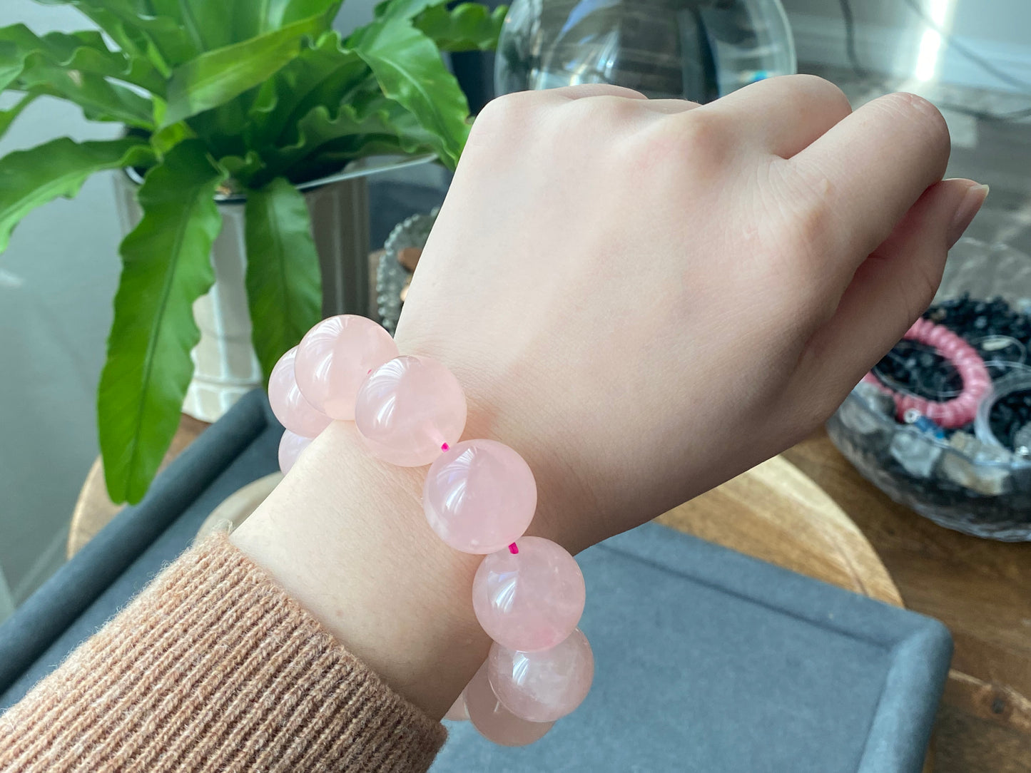 20mm Gym Huge size Natural Rose Quartz,pink crystal Round Bead Bracelet,gift for her sphere on wristen