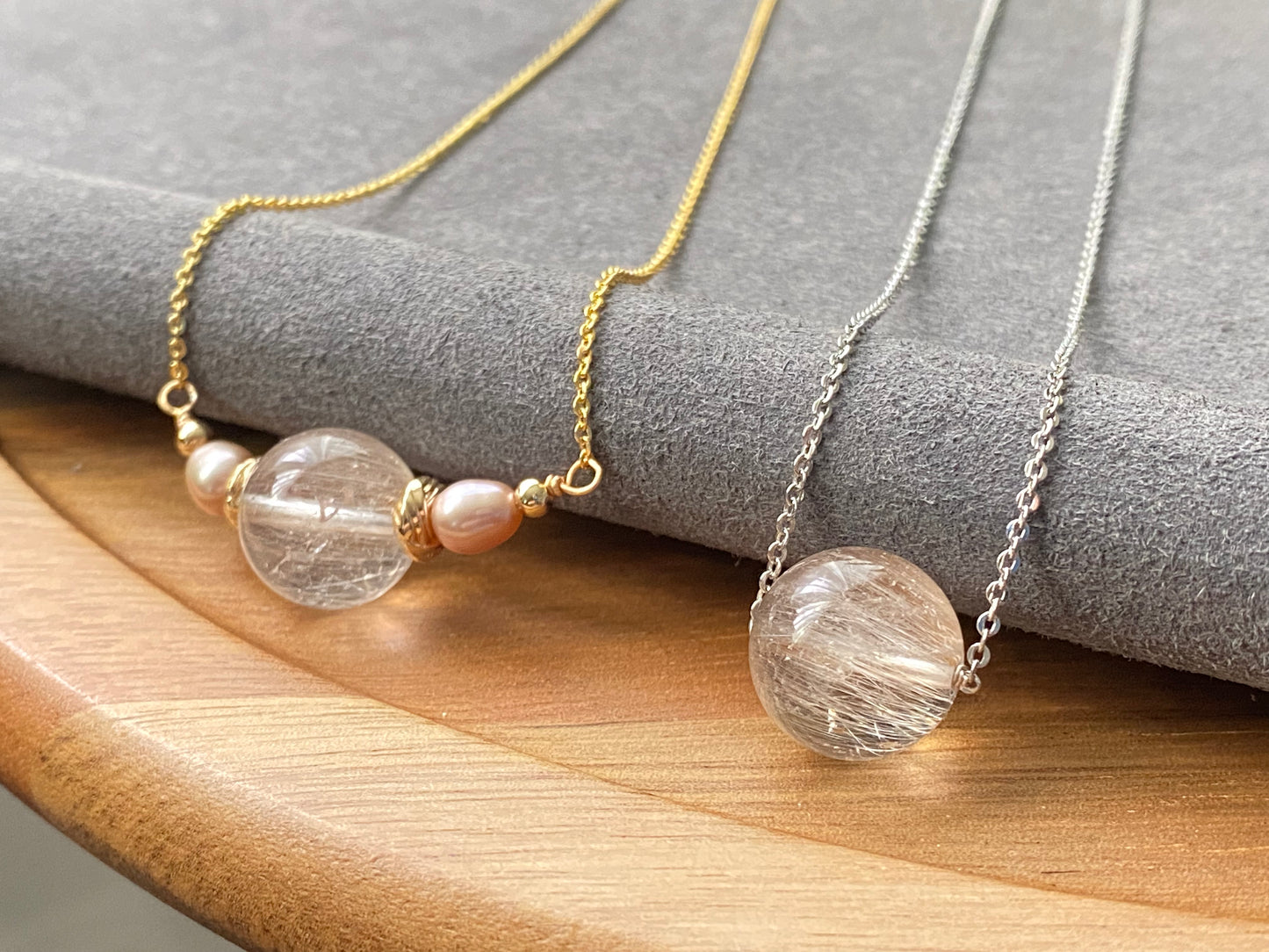 Natural High Clear Grade Rutilated Quartz,Rabbit Hair Rutilated Quartz Crystal,Fresh water pearls Adjustable Choker Necklace