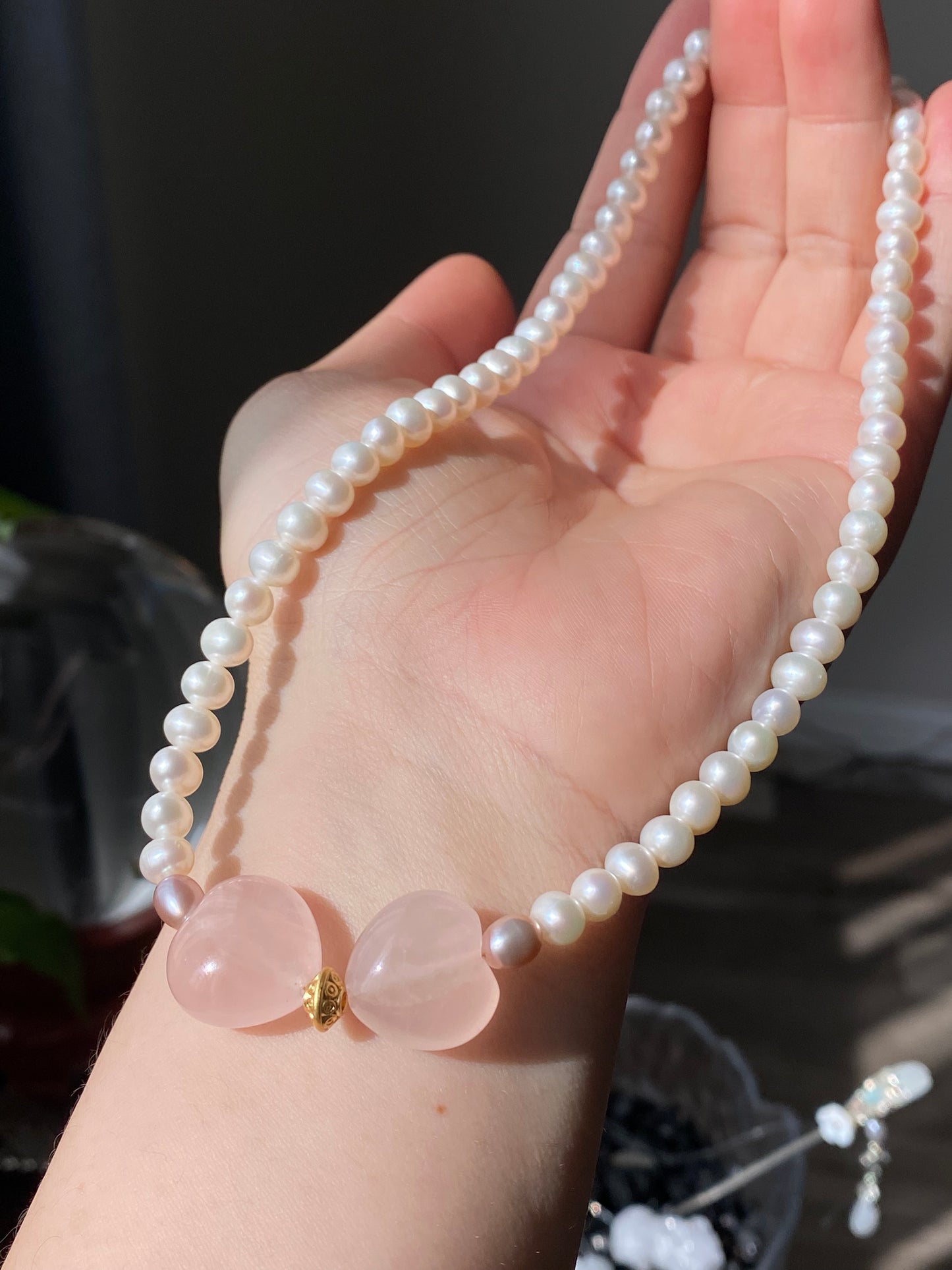 Natural AAA high quality Rose quartz cuty puffy heart shape,bow Freshwater pearls,Valentine's gift, gift for her,Love and relationships