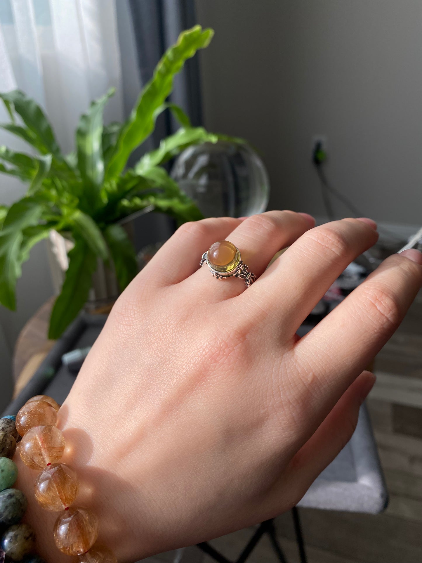 Genuine Natural Dominican Amber High Rare Grade Smooth Round Sterling silver setting, Victorian Chrome Hearts Mid-century Style Ring