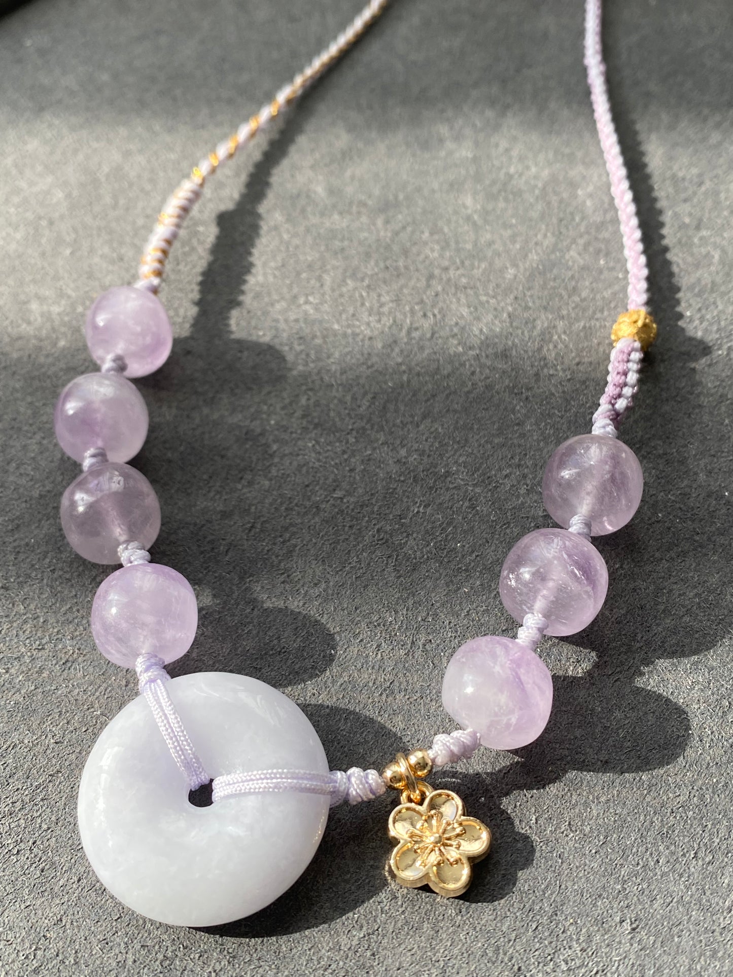 Natural Hetian Jade Donut Ring Shaple,Purple Tone with Purplevine Amethyst short barrel,Peach Flower Dangle Drop  Adjustable Necklace