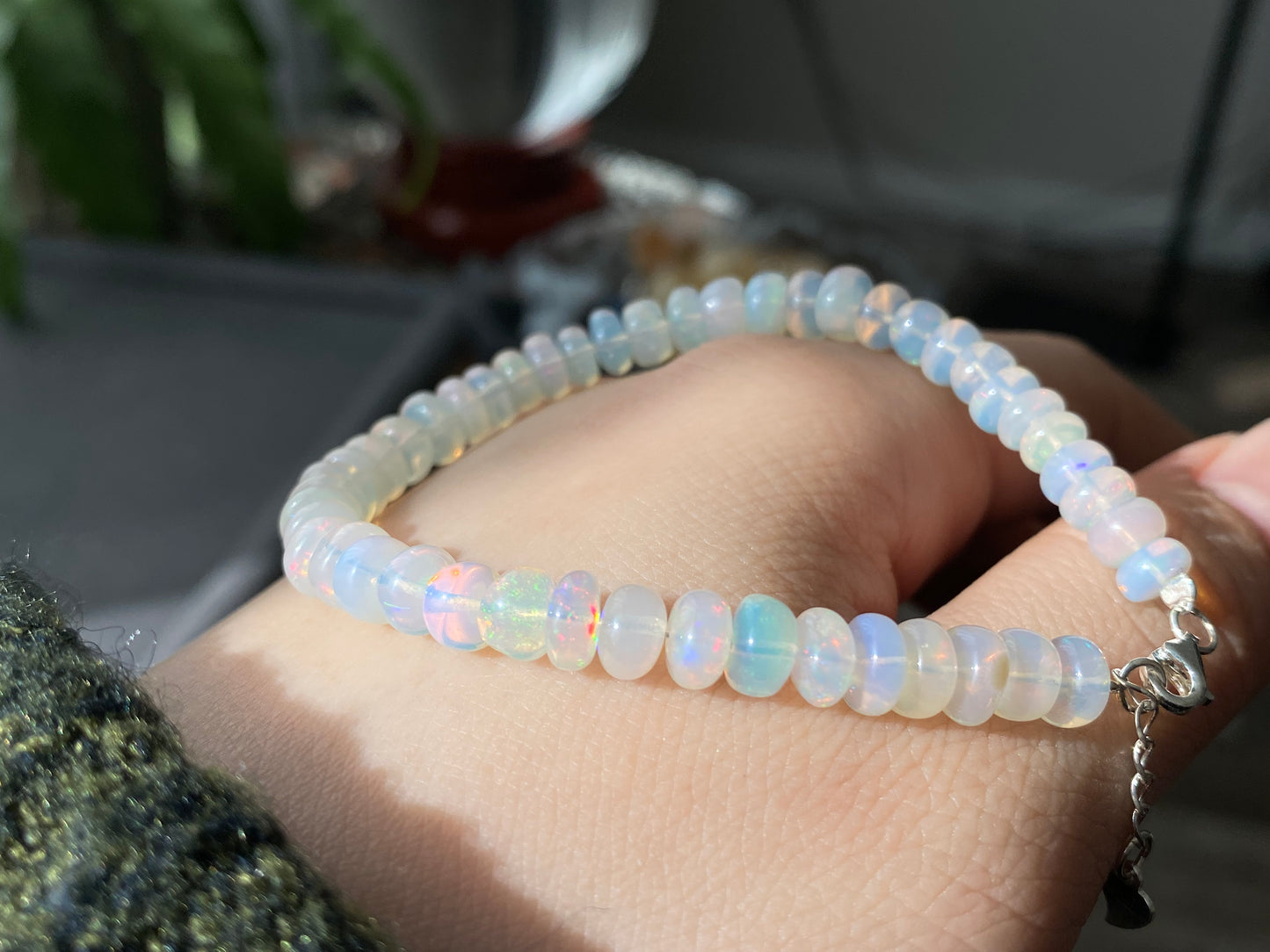 High Quality Natural Rainbow Fire White Opal Donut Sterling silver beaded Bracelet, Gift for her,statement gift