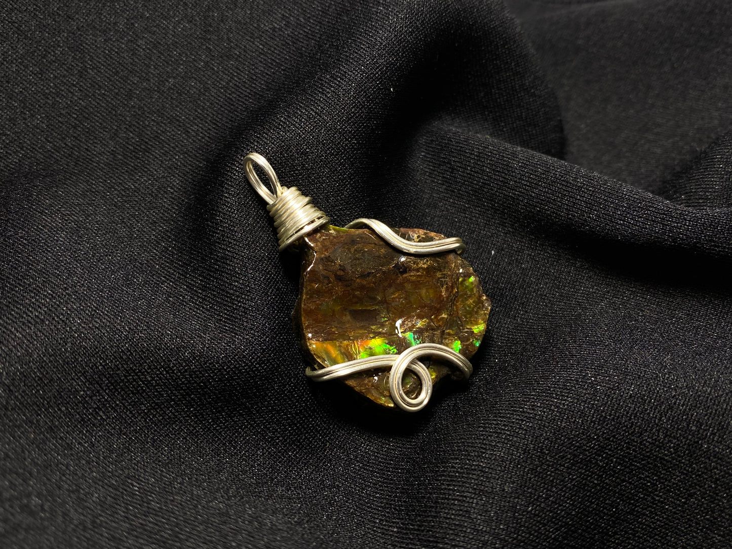 Natural raw Canadian Ammonite Freeform gemstone Pendant with 14k white gold wire