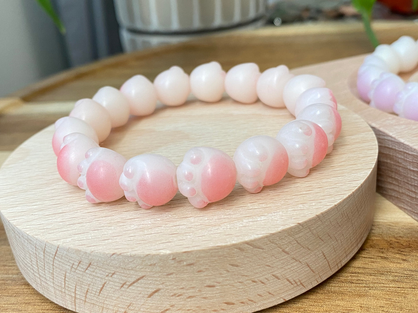 Hand Sculp Barbecue/BBQ  pink purple Cat Paw Natural white Bodhi root polished Bead Bracelet 12mm+