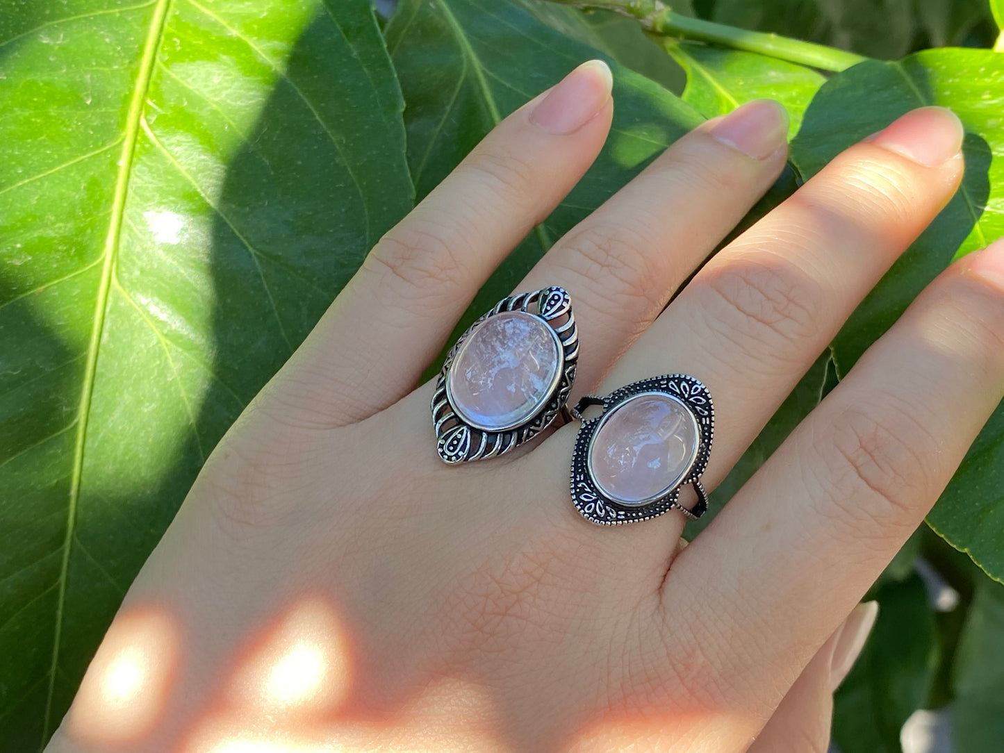 Love in PinK Natural Rose Quart Crystal setting on Sterling silver vintage ring