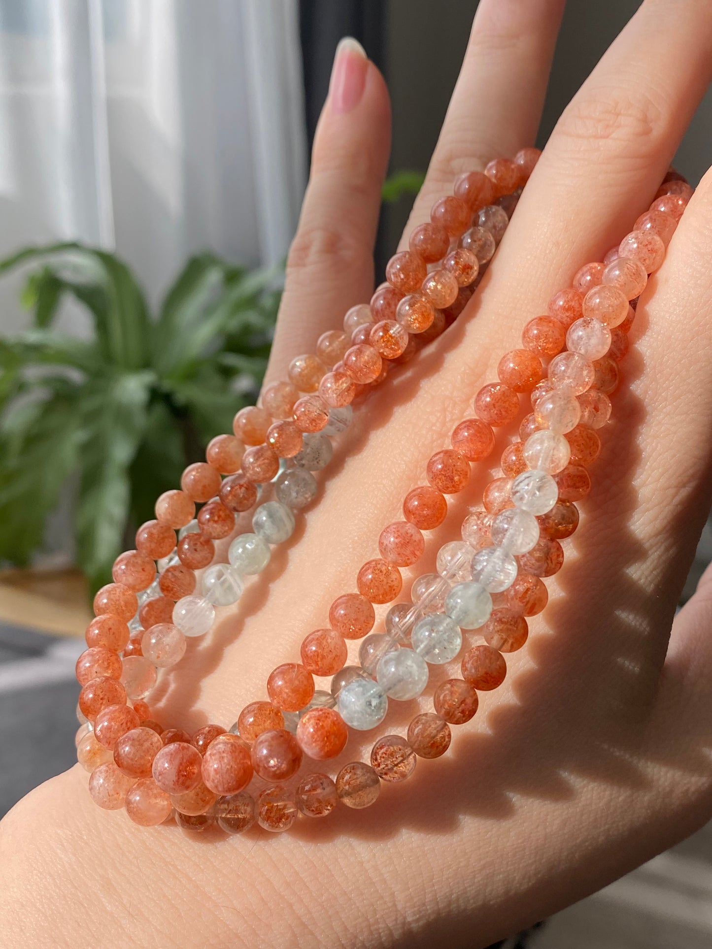 AAAAA Grade Natural Sunstone Gradual change Color super shinning illuminate Fire three layer Bead Bracelet Necklace 5mm,6mm