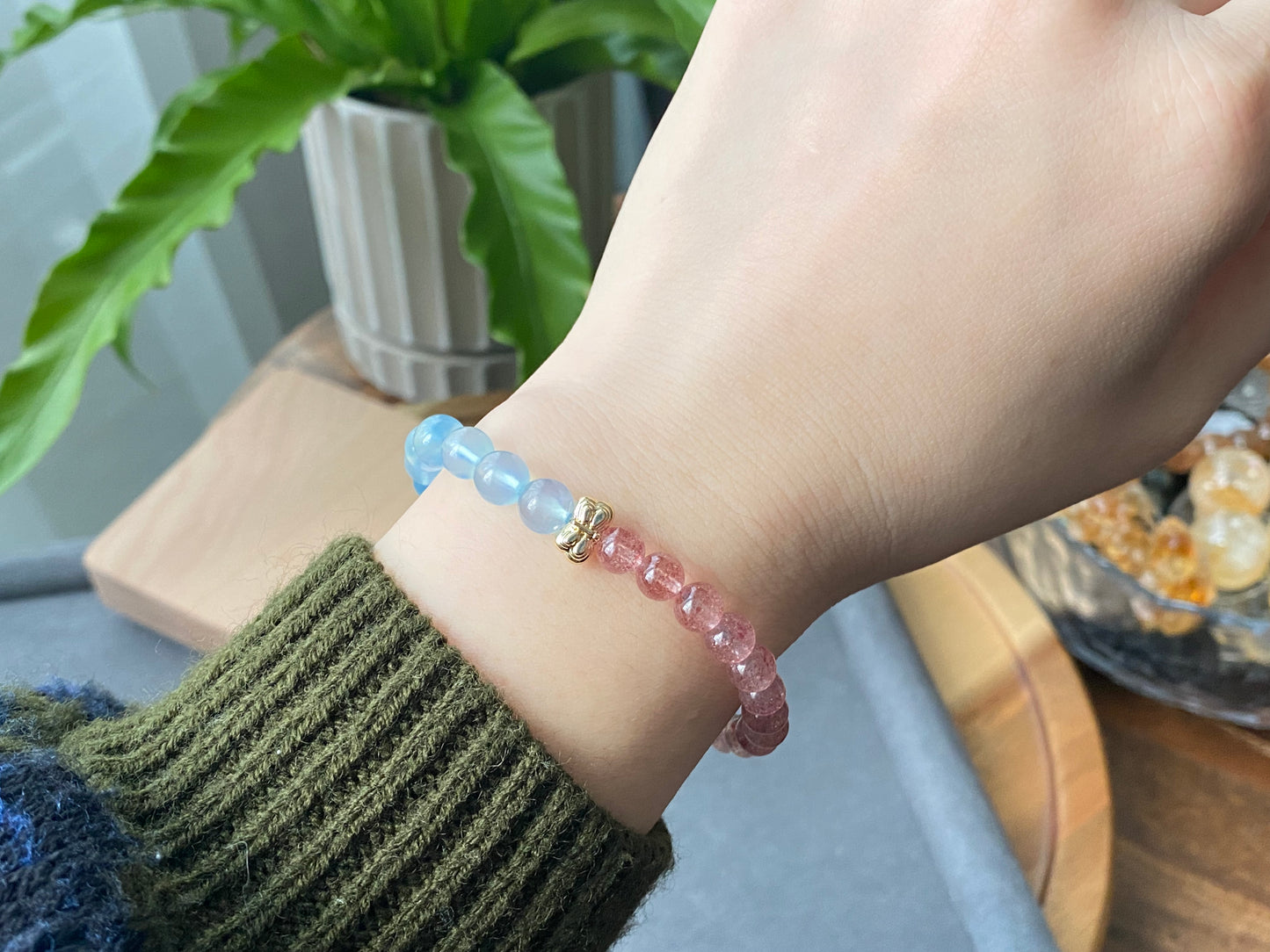 Natural High Grade Strawberry Quartz, Aquamarine,Rabbit hair Rutilated Quartz color block Two tone Butterfly Bracelet 6-7MM