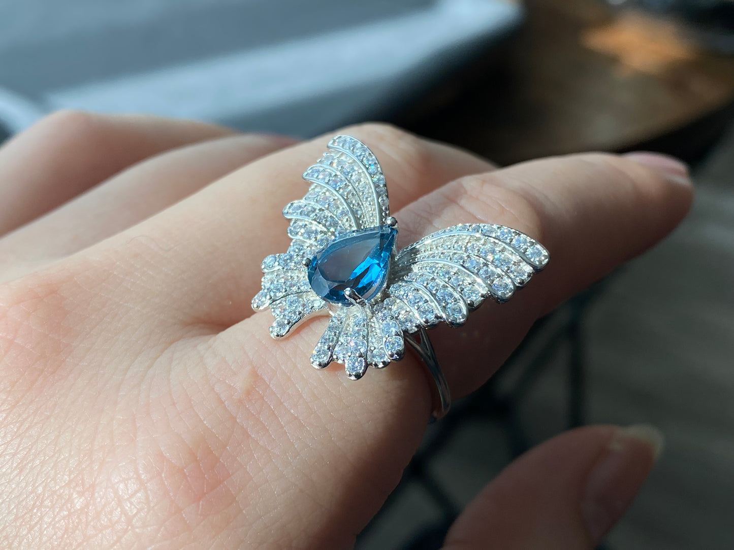 Natural  London Royal Blue tea drop Topaz with Zircon Butterfly Queen Adjustable Ring,Bridesmaid Gifts,gift for her,Birthday Aniversary gift