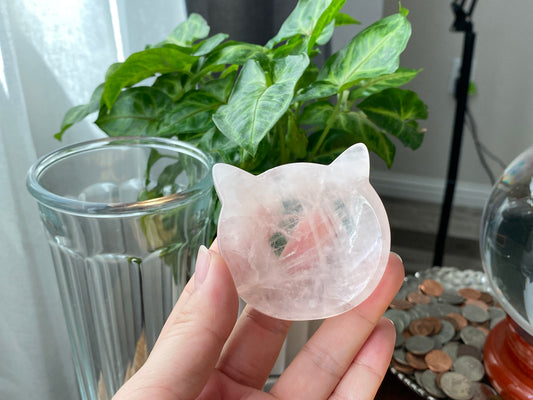 Natural Rose Quartz cuty kitty cat head mini plate