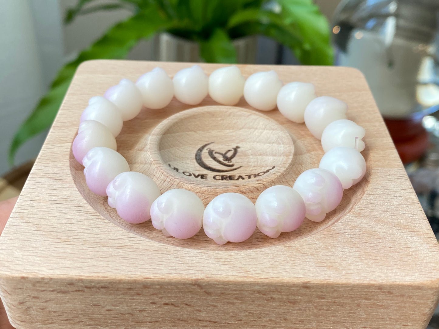 Hand Sculp Barbecue/BBQ  pink purple Cat Paw Natural white Bodhi root polished Bead Bracelet 12mm+