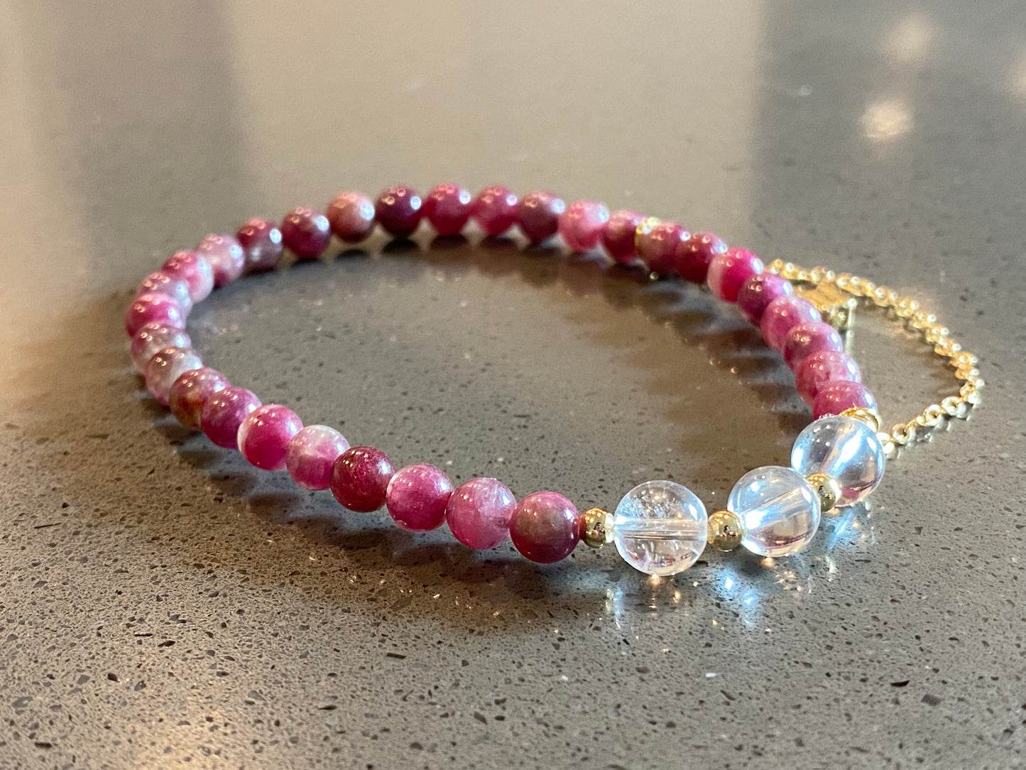 Natural Ruby Red Tourmaline Pink Tourmaline 5mm with white crystal Beaded Bracelet