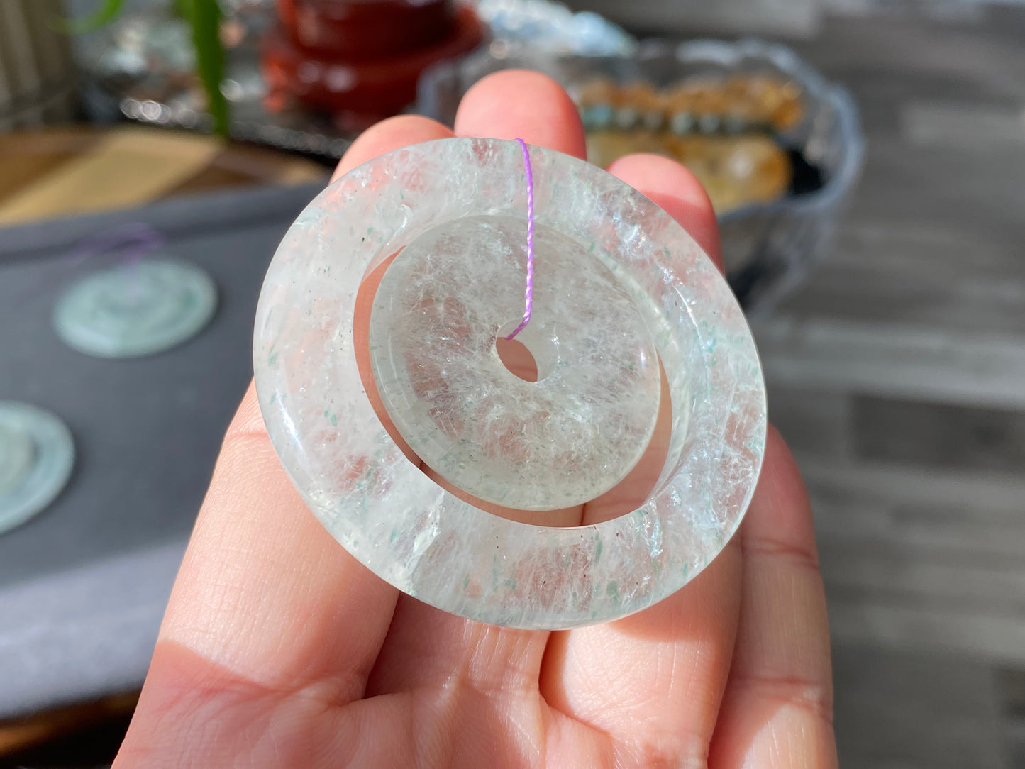 Natural Rare Green Mica Quartz Crystal Double Donut Circle Ring Pendant