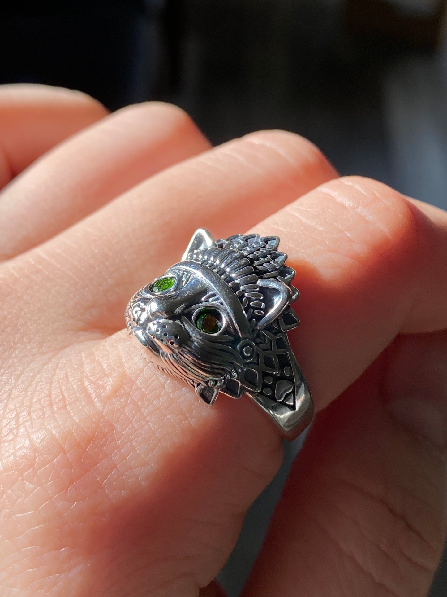 Natural Green Emerald Sterling Silver American Indian Lion Head Adjustable Ring,gift for her, gift for him