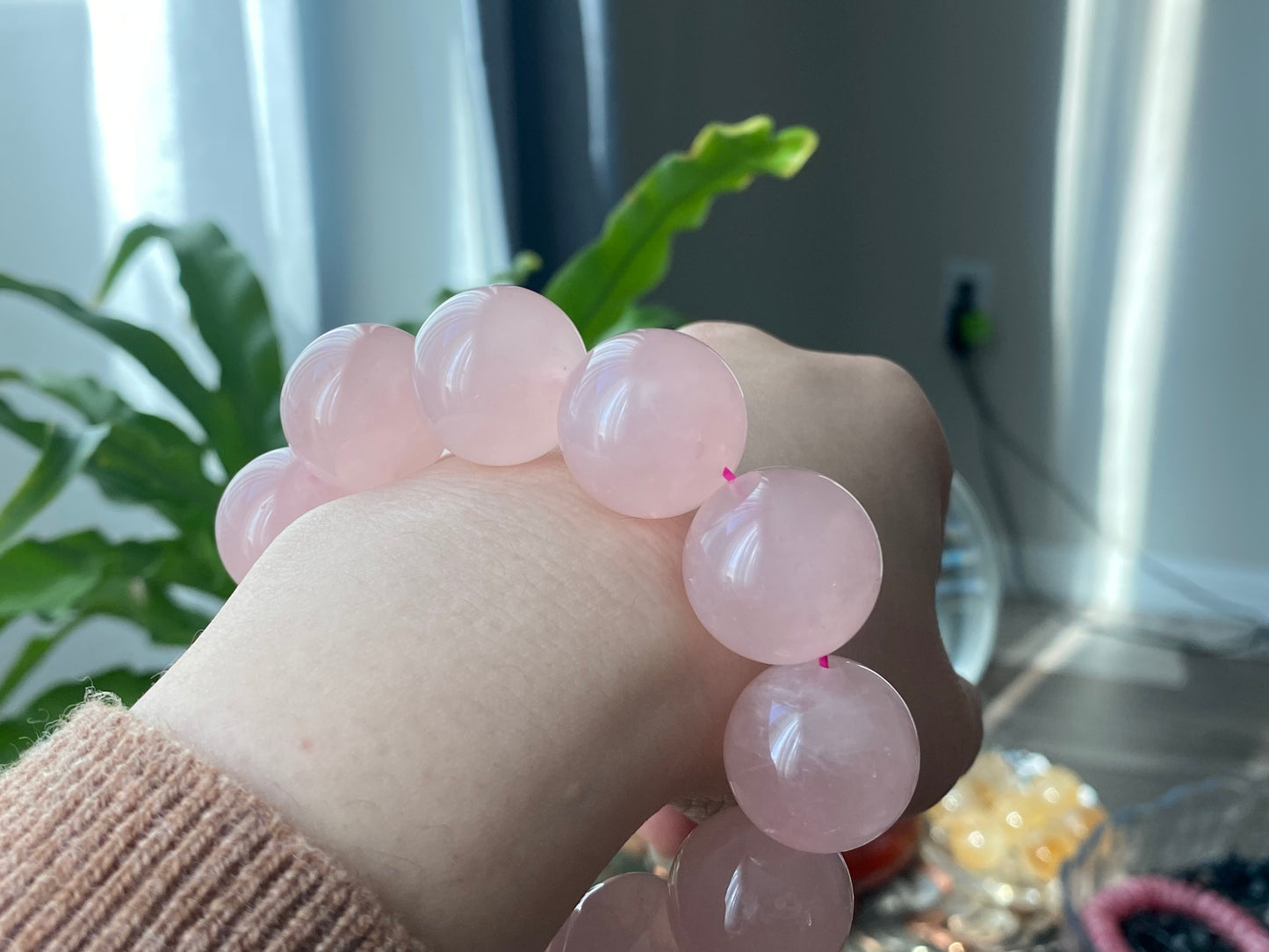 20mm Gym Huge size Natural Rose Quartz,pink crystal Round Bead Bracelet,gift for her sphere on wristen