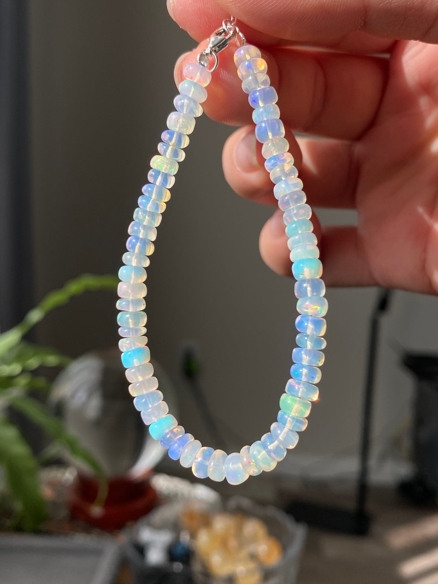 High Quality Natural Rainbow Fire White Opal Donut Sterling silver beaded Bracelet, Gift for her,statement gift