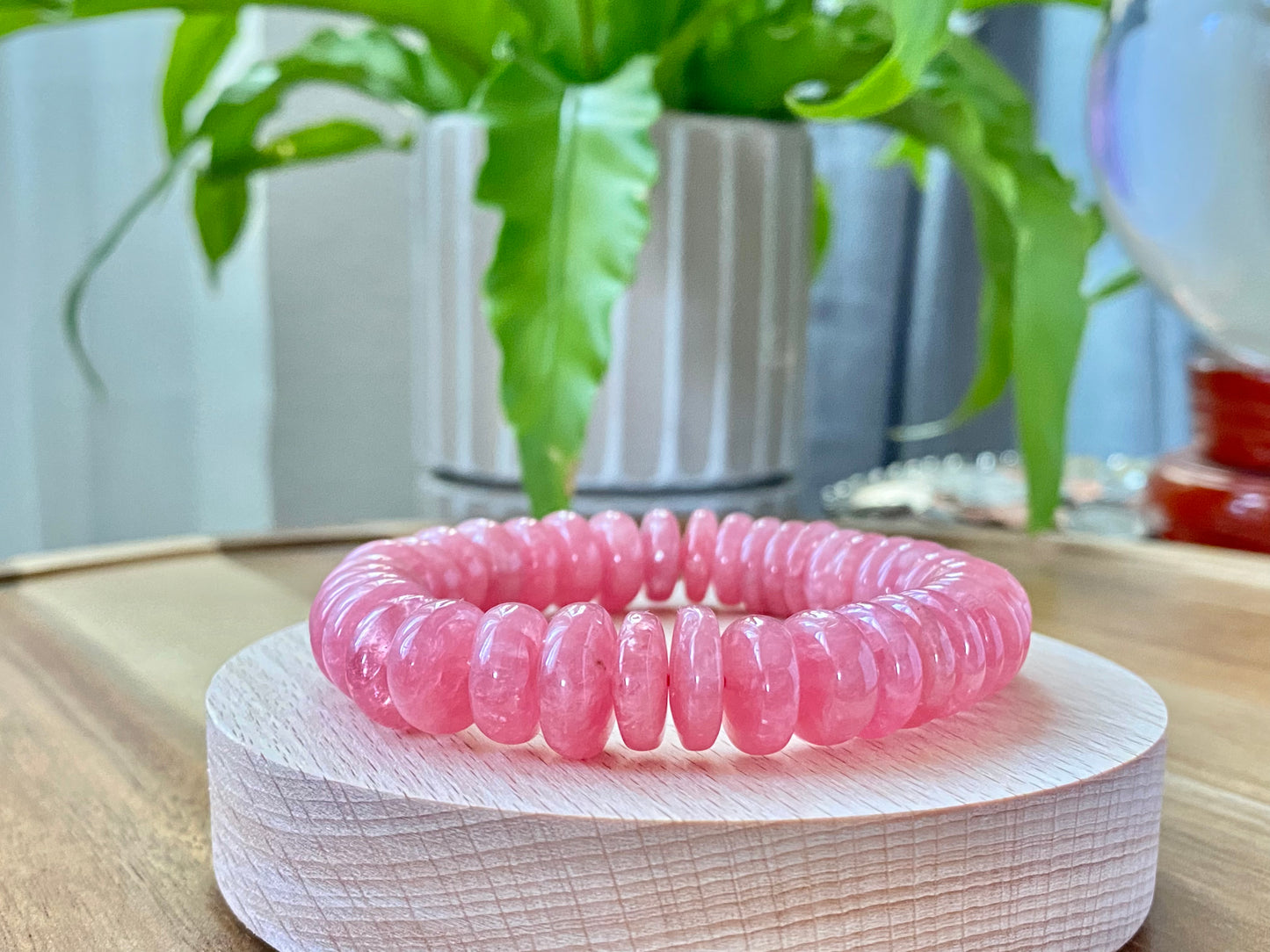 AAAAAA Natural Ice Rhodochrosite Flash Rainbow inside lovely Pinky Rose Saucer Bead Bracelet