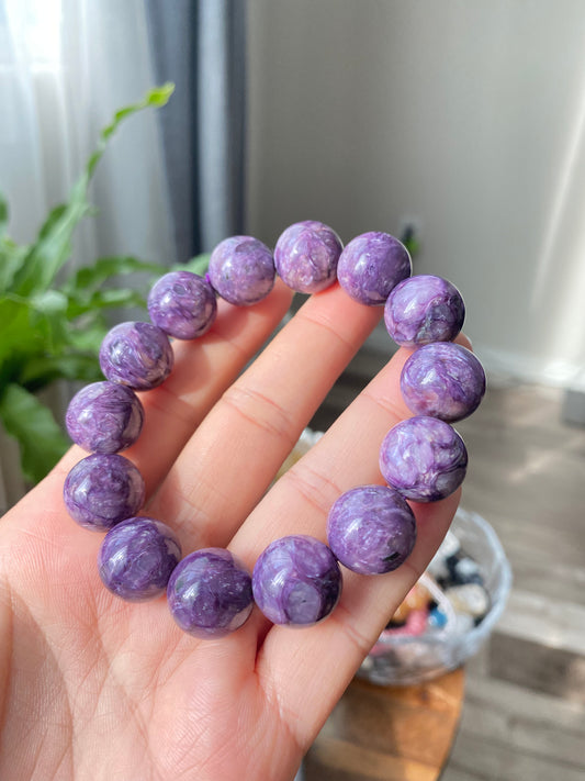 15mm Top Grade Genuine Natural High Grade Silk Shin Purple Charoite,Cat Eyes round Shape Beaded Bracelet