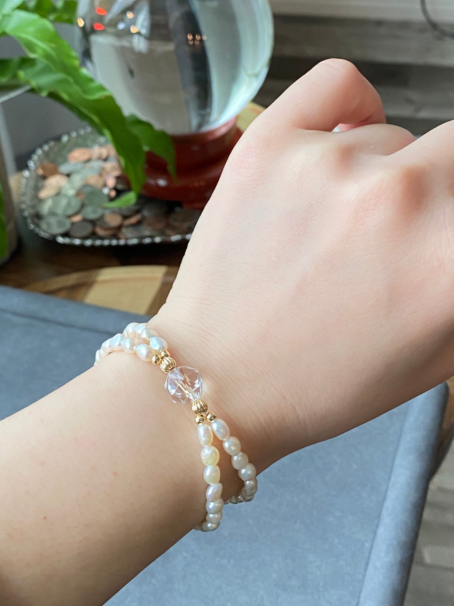 Natural freshwater super shinning irregular double Baroque Pearls with facted White crystal Beaded Bracelet, wedding bracelet,Anniversary Gift