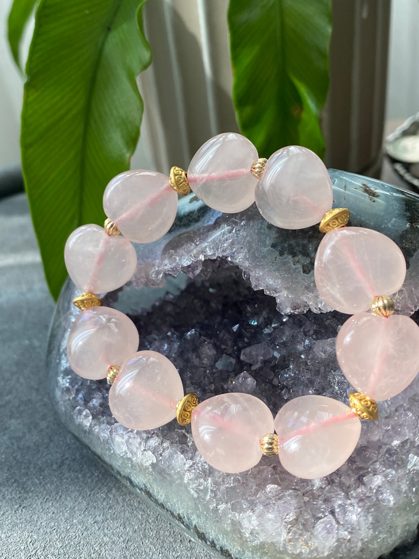 Natural AAA high quality Rose quartz cuty puffy heart shape,bow bead Bracelet,Valentine's gift, gift for her,Love and relationships