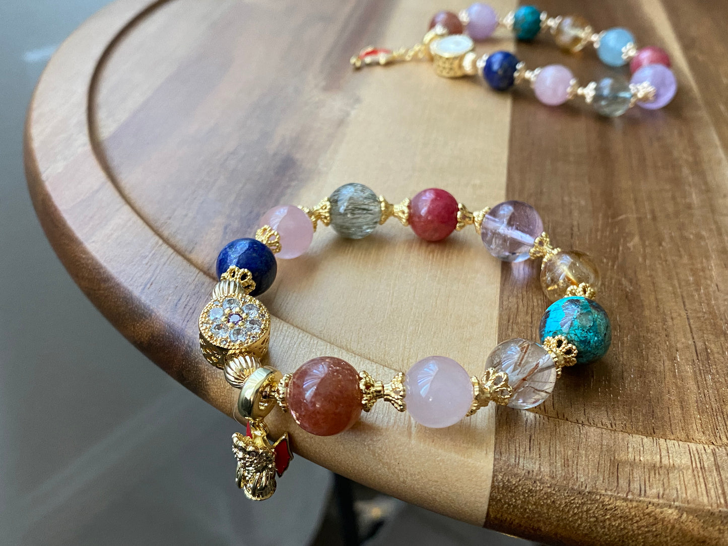 sunstone，rose quartz，Blonde crystal，Turquoise ，Amethyst，Rhodonite，Black Rutilated ，Lapis Lazuli，aquamarine all in one bracelet