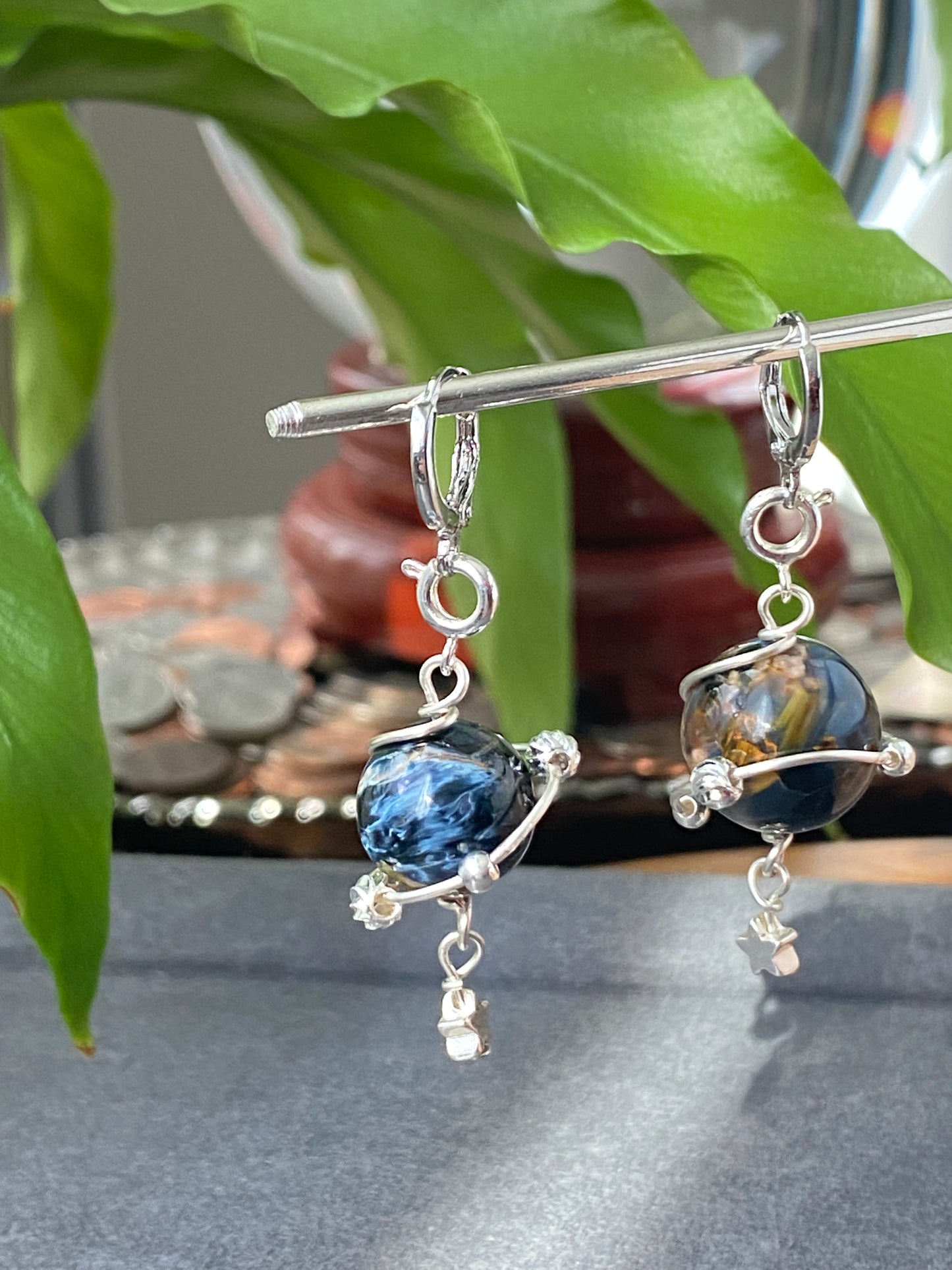 Natural High Grade Blue Pietersite flash lacy shinning Star 14K white gold wire Space planet Removable Earring Pendant